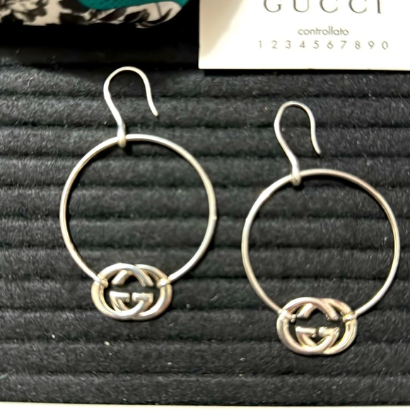 GUCCI BRITT INTERLOCKING HOOP DROP DANGLE EARRING STERLING SILVER - Picture 2 of 3